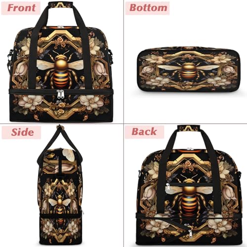 Travel Duffle Bags With Shoes Compartment for Women Men Old Gold Bee Lightweigh Sports Tote Gym Bag Foldable Canvas Weekender Overnight Carry On Luggage Handle Bag - color: print 12