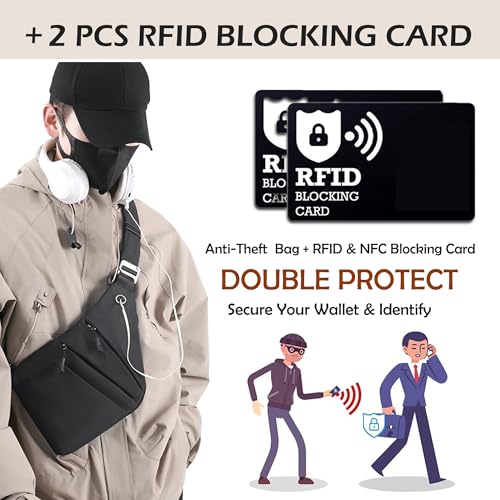 Anti Theft Crossbody Bags for Women Men, Multi-Pocket Shoulder Bag, Slim Sling Bags with 2 RFID Blocking Card - color: Left Shoulder-black