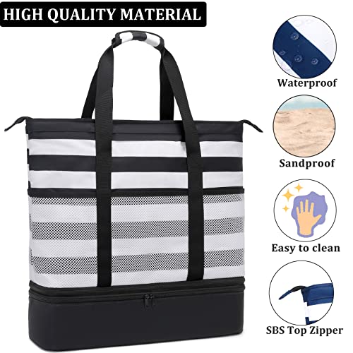 JIANYA Beach Bag Women Waterproof Sandproof Beach Tote Bags with Cooler Top Zipper Large Totes for Pool Travel Daily - color: Black Stripes