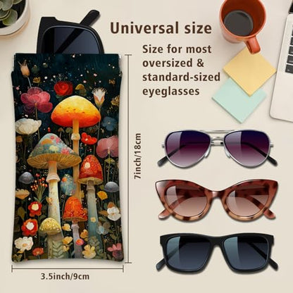 Eyeglasses Sunglasses Case PU Soft Squeeze Top Glasses Pouch for Women Student,Floral Pattern Portable Anti Scratch - color: Brown-mushrooms06