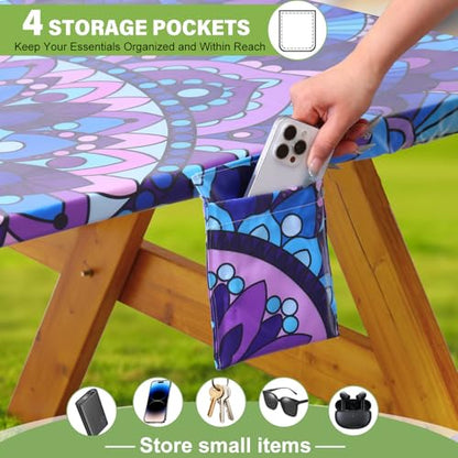 Picnic Table Cover with Bench Covers Vinyl Elastic Edges Fitted Rectangle Tables Seat Waterproof 3-Piece 96X30in Set Outdoor Rectangular Folding Backing Tablecloth Camping Over Size Mandala - color: Purple Mandala, size: 96in