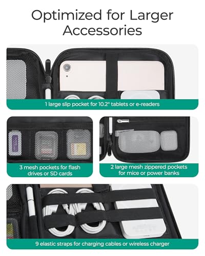 BAGSMART Electronics Travel Organizer Case for 10.2 Inch Tablets, Tech Pouch Essentials for Power Bank, SD Cards, Cord and Cable Storage Bag, Black