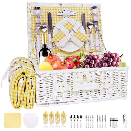 Picnic Basket Set for 4 with Waterproof Blanket Mat Insulation Bag Wicker White Yellow Light Fresh Gifts for Wedding Birthday Summer Camp Outdoor Camping Beach Travel Christmas Thanksgiving - color: Yellow Grid