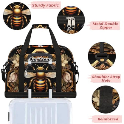 Travel Duffle Bags With Shoes Compartment for Women Men Old Gold Bee Lightweigh Sports Tote Gym Bag Foldable Canvas Weekender Overnight Carry On Luggage Handle Bag - color: print 12