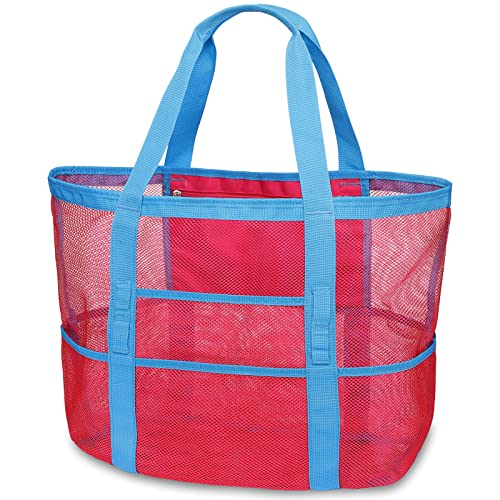 F-color Mesh Beach Bag Family - Large Tote Bag 9 Pockets for Swim Pool Toys Cruise Beach Vacation Essentials - color: Pink Mesh, size: Large with Mesh Bottom