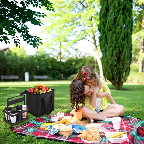 Reusable 6 Cup Drink Carrier with Handle and Insulated Food Delivery Bag, Portable Plastic Cup Caddy, 26L Grocery Cooler Box for Car Delivery, Travel, Picnic - color: Black