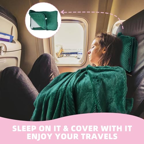 3 in 1 Travel Blanket Pillow Set - 350 GSM Thick Travel Blanket Airplane Compact with Bag, Soft Bag with a Pocket, Inflatable Travel Pillow for Camping & Car Trip (Dark Green) - color: Dark Green