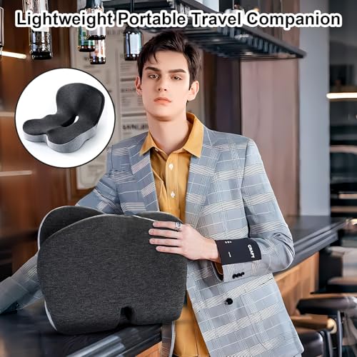 Memory Foam Office Chair Cushion, L-Shaped Integrated Seat Cushions, Chair Seat Cushion for Lower Back Tailbone Protection, Ergonomic SeatCushion with Lumbar Support (Black Gray)