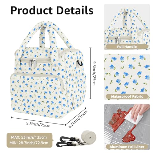 Women's Insulated Lunch Tote Bag - Inch Quilted Lunch Box for Women, Large Waterproof Cooler Bag with Pockets for Work, Picnic, Adult (blue flower) - color: blue flower