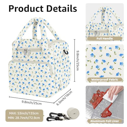Women's Insulated Lunch Tote Bag - Inch Quilted Lunch Box for Women, Large Waterproof Cooler Bag with Pockets for Work, Picnic, Adult (blue flower) - color: blue flower