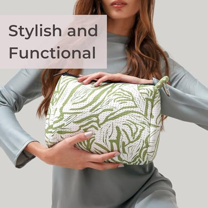 POPUPS Large Makeup Bag with Zipper - Waterproof Neoprene Cosmetic Bag 7.7 x 10.75 x 5 inches - color: Print Serengeti Green