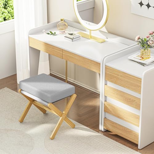 BAMBOOHOMIE Foldable Foot Stool Ottoman, Modern Foot Rest with Bamboo X Legs & Thick Foam Cushion, Folding Foot Stools Small Padded for Bedroom Living Room, Footstool for Chair Couch (Natural - Grey) - color: Natural - Grey
