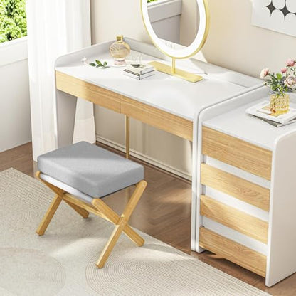 BAMBOOHOMIE Foldable Foot Stool Ottoman, Modern Foot Rest with Bamboo X Legs & Thick Foam Cushion, Folding Foot Stools Small Padded for Bedroom Living Room, Footstool for Chair Couch (Natural - Grey) - color: Natural - Grey
