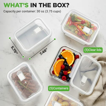 NutriChef 10-Piece Superior Glass Food Storage Containers Set (5 Containers + 5 Locking Lids),Stackable Meal-prep Design, BPA-free Airtight Clear Locking lids with Vent Lids & Air Hole, NCCLX5 - color: Transparent