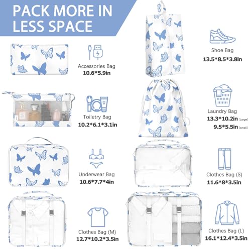 KPX 8 Set Packing Cubes for Travel, Luggage Packing Organizers Accessories Large Toiletries Bag for Clothes Shoes Cosmetics (8Set-Butterfly) - color: 8Set-Butterfly