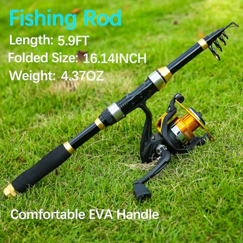 Yoilrey Fishing Rod and Reel Combo – 5.9ft Telescopic Fishing Pole Starter Kit with Spinning Reel, Fishing Line, Lure Box & Tackle Bag for Travel - color: Black and Gold Fish Rod Set