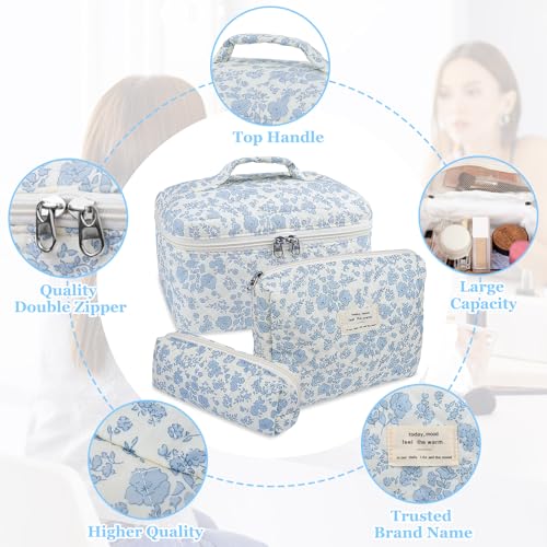 Gosect 3pc Makeup Bag Set, Quilted Makeup Bag Set, Large Floral Cosmetic Bag for Women, Cute Cotton Makeup Bags, Flower Travel Toiletry Organizer Bag (Checkered) - color: Checkered