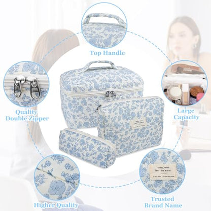 Gosect 3pc Makeup Bag Set, Quilted Makeup Bag Set, Large Floral Cosmetic Bag for Women, Cute Cotton Makeup Bags, Flower Travel Toiletry Organizer Bag (Checkered) - color: Checkered