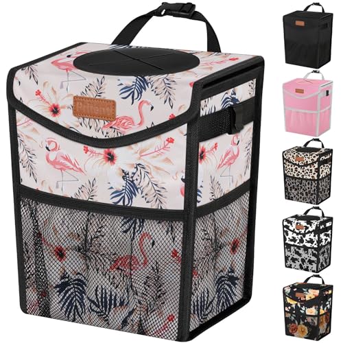 Pritent Car Trash Can with Lid, Cute Leakproof Car Trash Garbage Bag Hanging Vehicle Trash Bin Small Portable Automotive Garbage Cans Organizer for Back/Front Seat(Trapezoid,Flamingo Print - color: Flamingo Print, size: 2 Gallons