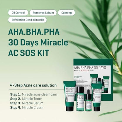 SOME BY MI AHA BHA PHA 30Days Miracle AC SOS Kit - Toner 1.01Oz, Serum 0.33Oz, Cream 0.7Oz, Foam 1.01Oz - Mild Exfoliating Daily Skin Care Set - Skin Wastes, Sebum, Oiliness Care - Korean Skin Care - color: Miracle Kit with Foam