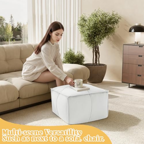 MeMoreCool Stuffed Round Pouf Ottoman Foot Rest, Floor Pouf Foot Stool with Soft Foam Chunk Filling, Small Round Ottoman Footstool Circle Footrest for Living Room - color: Piping Off-white