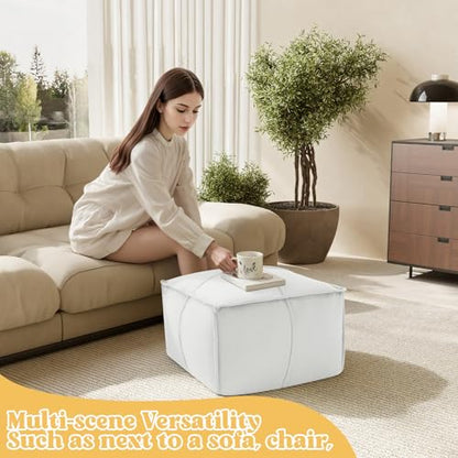 MeMoreCool Stuffed Round Pouf Ottoman Foot Rest, Floor Pouf Foot Stool with Soft Foam Chunk Filling, Small Round Ottoman Footstool Circle Footrest for Living Room - color: Piping Off-white