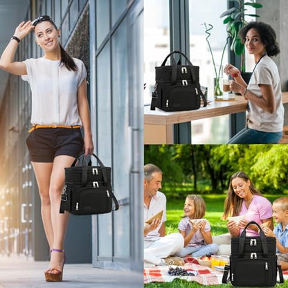 MAPLELILY Lunch Box for Men Women - Double Deck Insulated Lunch Bag, Large Leak Proof Tote Cooler, Wide Open Dual Compartment Lunch Bags with Shoulder Strap, For Work Picnic Hiking Beach, Black - color: Black