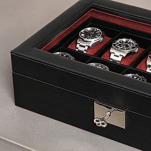 ROTHWELL 10 Slot Leather Watch Box - Luxury Case Display Jewelry Organizer - Locking Watch Display Case Holder with Large Glass Top - Box Organizer for Men and Women (Black/Red) - color: Black / Red