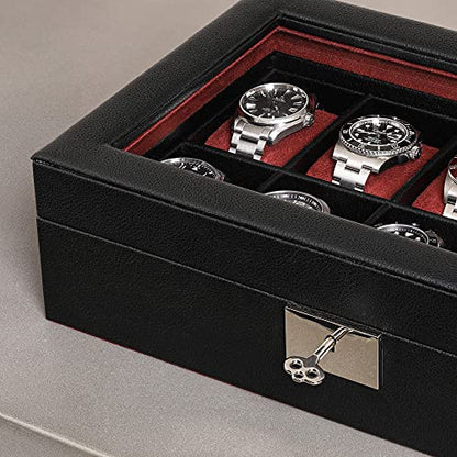 ROTHWELL 10 Slot Leather Watch Box - Luxury Case Display Jewelry Organizer - Locking Watch Display Case Holder with Large Glass Top - Box Organizer for Men and Women (Black/Red) - color: Black / Red