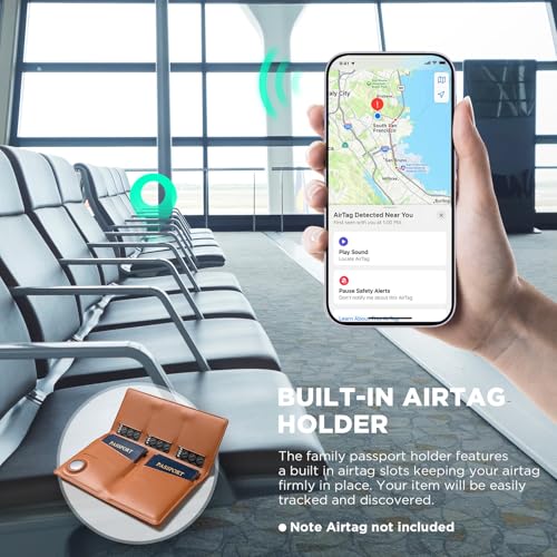 VULKIT Family Passport Holder for 4 Leather Passport Wallet with Airtag Slot Multiple Passport Holder RFID Blocking Bifold Travel Documents Organizer - color: Brown