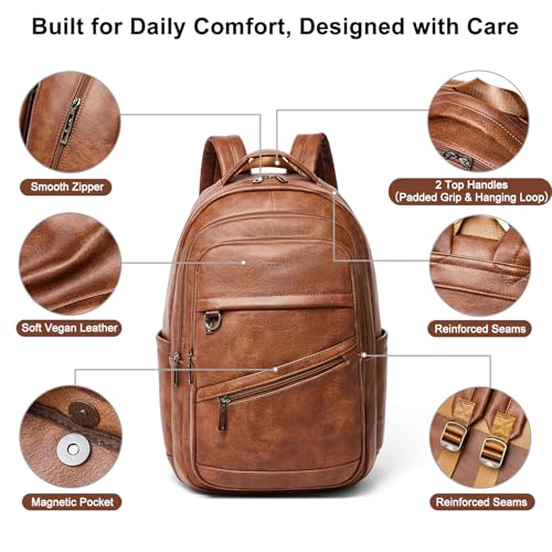 LATMAP Backpack for Women Men - Vegan Leather Backpack Purse Travel Carry-on Bag College Bookbag Work fits 16.5" Laptop, Brown - color: Brown