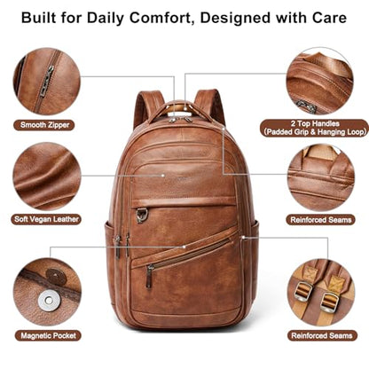 LATMAP Backpack for Women Men - Vegan Leather Backpack Purse Travel Carry-on Bag College Bookbag Work fits 16.5" Laptop, Brown - color: Brown