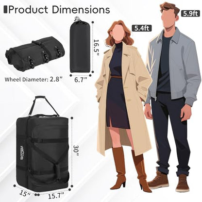120L Foldable Rolling Duffel Bag with 3 Wheels And Handle, 30 inch Large Travel Duffle Bag for Travel, Camping, Outdoors - color: Black