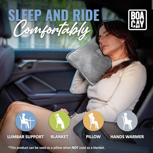 BOACAY Soft & Warm Travel Blanket for Airplane & Car - Long Flight Essential for Women, Men, Kids - Compact Pillow with Luggage Sleeve & Backpack Clip - color: Gray