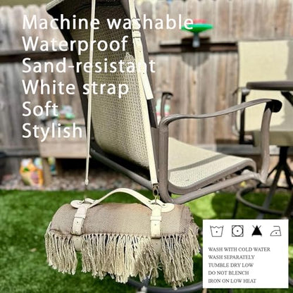 Picnic Blanket Extra Large Waterproof with Strap 59"x79" - Machine Washable Tassels Faux Wool Cashmere for Park, Grass, Camping, Hiking, Concerts (Deep Tan with white shoulder strap, 59"X79") - color: Deep Tan With White Shoulder Strap