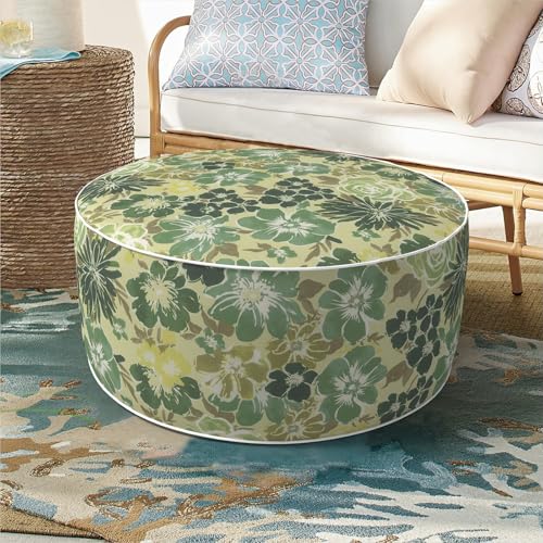 DYTXIII Inflatable Ottoman Stool D21 xH9 for Outdoor/Indoor Use, Water Repellent Patio Foot Rest with Portable Handle,Round Pouf Ottoman Suitable for Garden,Deck and Camping-Green Rose - color: Green Rose, size: 21"D x 21"W x 9"H