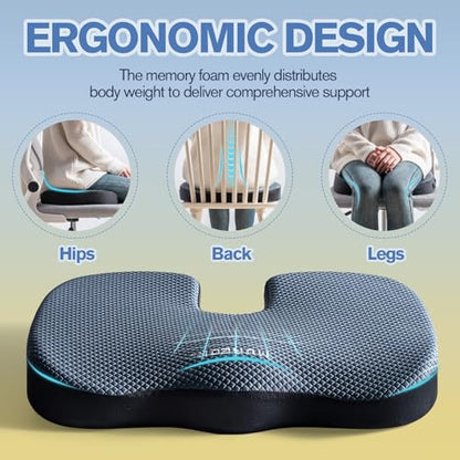 Mureon Office Chair Cushion, Large Ergonomic Memory Foam Seat Cushion for Hip Pressure Relief, Non-Slip Support for Car and Office Chair, All Day Comfort - Navy