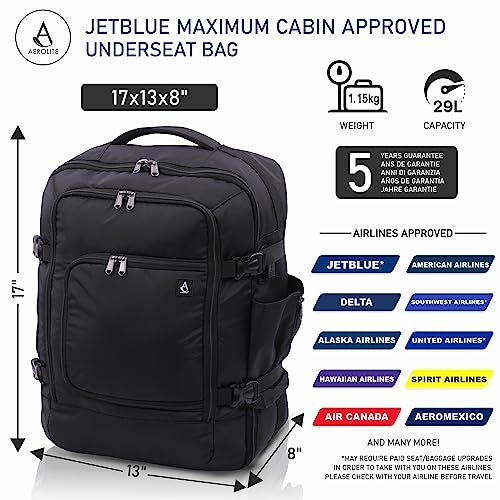 Aerolite 17x13x8” Jetblue Airlines Maximum Size Backpack Eco-Friendly Cabin Luggage Approved Travel Carry On Holdall Lightweight Shoulder Bag Flight Rucksack with YKK Zippers 5 Year Warranty - size: 17x13x8" JetBlue
