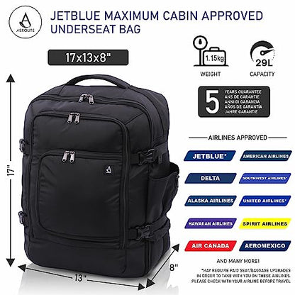 Aerolite 17x13x8” Jetblue Airlines Maximum Size Backpack Eco-Friendly Cabin Luggage Approved Travel Carry On Holdall Lightweight Shoulder Bag Flight Rucksack with YKK Zippers 5 Year Warranty - size: 17x13x8" JetBlue