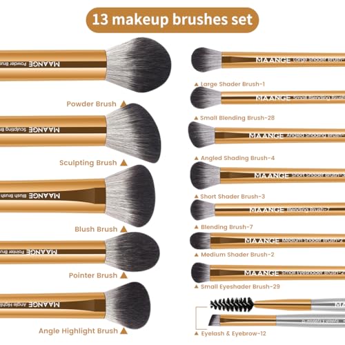 MAANGE 13 PCS Makeup Brushes Travel Make Up Brushes Premium Synthetic Powder Concealers Brushes Professional Makeup Brush Set with Case (Gold Silver) - color: Gold Silver