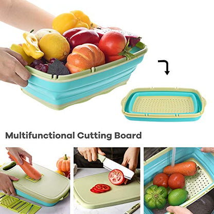 Gintan Camping Cutting Board, 9-in-1 Collapsible Chopping Board with Colander, Kitchen Vegetable Washing Basket for Camping, Camping Gifts Camping essentials for RV Campers (Blue Green) - color: Blue Green