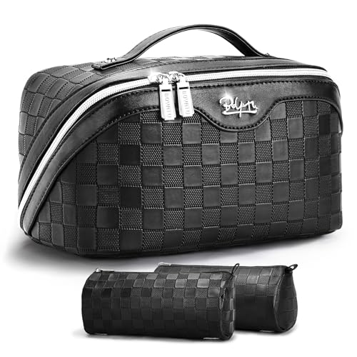 BOYATU Travel Makeup Bag Organizer: 3 Pcs Set Large Capacity Cosmetic Bags Holds 10–20 100ml Full-Size Bottles for 3–15 Day Trips - 180°Open-Flat Make up Case 3-sec touch-up - Toiletry Bag Gift women - color: 01-Black