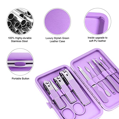 Manicure Set, Travel Mini Nail Clippers Kit Pedicure Care Tools, 10pcs Stainless Steel Grooming kit (Violet) - color: Purple