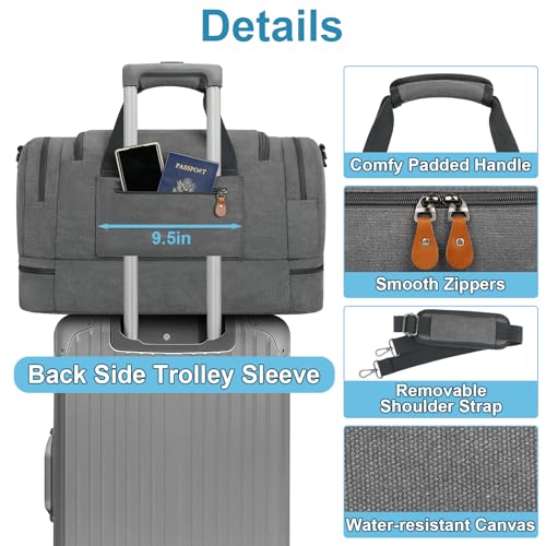 Duffle Bag for Travel, Expandable 50L Canvas Weekender Bag, Overnight Bag Travel Duffel Bag for Men Carry On Luggage with Removable Shoulder Strap, Durable & Water-Resistant - color: 1-Grey