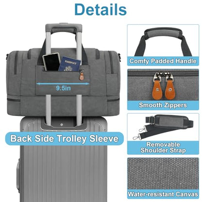 Duffle Bag for Travel, Expandable 50L Canvas Weekender Bag, Overnight Bag Travel Duffel Bag for Men Carry On Luggage with Removable Shoulder Strap, Durable & Water-Resistant - color: 1-Grey