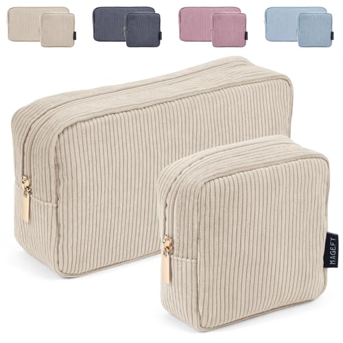 MAGEFY Small Makeup Bag for Purse Mini Cosmetics Bag Corduroy Cute Cosmetic Pouch for Women with Slip-in Pockets - color: Small+Large-beige-2pcs
