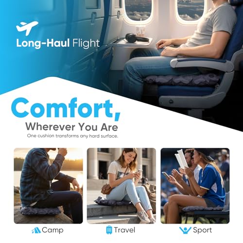 Sekey Inflatable Seat Cushion with Press Valve -2in Thick Airplane Seat Cushion, Ultra Portable & Lightweight, for Long Flights, Stadium, Camping, Office, Car Travel-Deep Gray