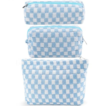 ZLFSRQ 3Pcs Checkered Makeup Bag for Women Large Small Checkered Cosmetic Bag Set Aesthetic Preppy Pencil Case Cute Pencil Pouch Blue Makeup Pouch for Purse Travel Toiletry Bags Zipper Skincare Bags - color: B-Checkered 3Pcs Mix Blue
