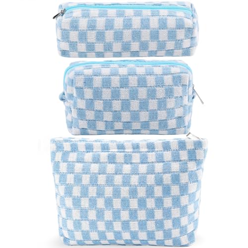ZLFSRQ 3Pcs Checkered Makeup Bag for Women Large Small Checkered Cosmetic Bag Set Aesthetic Preppy Pencil Case Cute Pencil Pouch Blue Makeup Pouch for Purse Travel Toiletry Bags Zipper Skincare Bags - color: B-Checkered 3Pcs Mix Blue