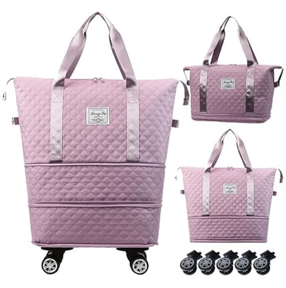 DOJUNS Rolling Duffle Bag with Wheels,Expandable Foldable Duffle Bag,Detachable Rolling Wheels,Rolling Luggage Bag Carry on Duffel Bag,Wheeled Travel Duffle Bag,Gift for Wife and Parents - color: Pink